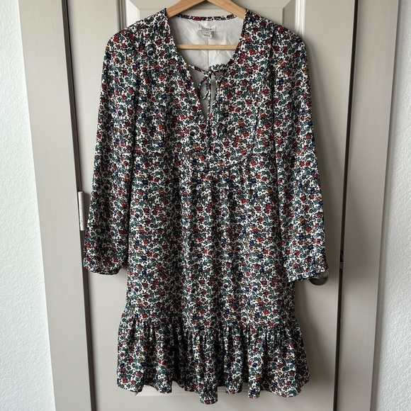 J.Crew Fiery Sunset Floral Long Sleeve V-Neck Printed Flowy Dress Size XXS - Picture 2 of 9